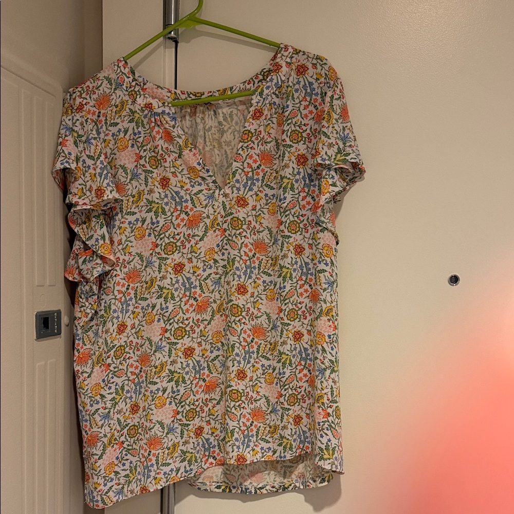 LOFT Multicolor Mixed Media Floral V-Neck Blouse